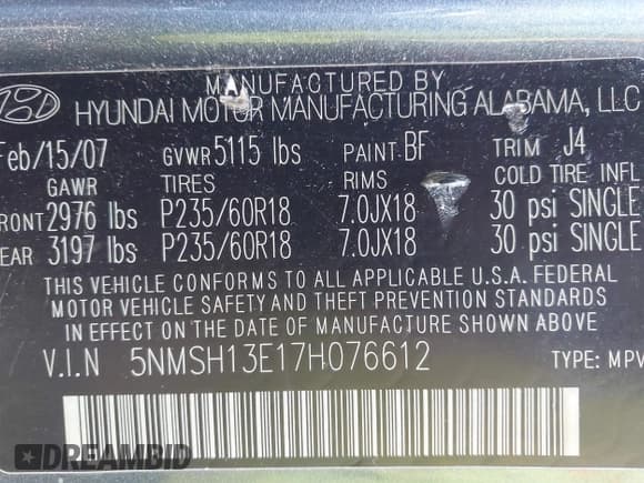 ✅ 2007 Hyundai Santa Fe SE • VIN: 5NMSH13E17H076612 • Lot: 43651367. Listed on IAAI with 191,615 mi. Free auction sales archive from the USA and detailed vehicle history report at DreamBid. Image 9.