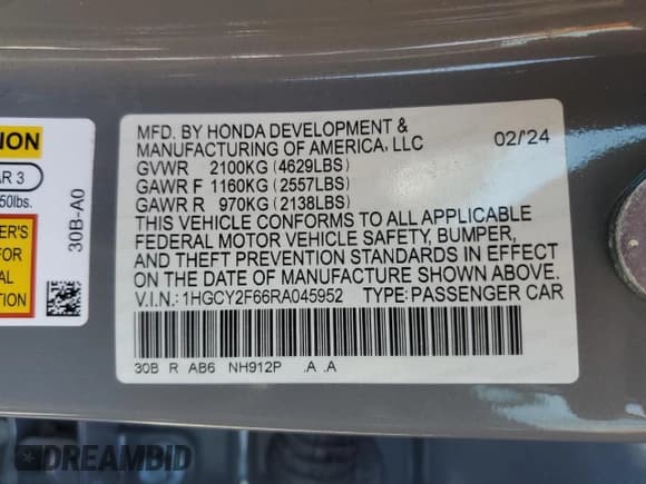 ✅ 2024 Honda Accord EX-L • VIN: 1HGCY2F66RA045952 • Lot: 89711905. Listed on Copart with 47,535 mi. Free auction sales archive from the USA and detailed vehicle history report at DreamBid. Image 12.