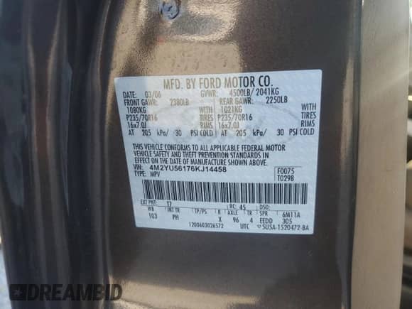 2006 Mercury Mariner Luxury with VIN 4M2YU56176KJ14458, listed as a Copart auction lot 80612095 with 71,488 mi miles and Clean title. Bid and sale history available at DreamBid. Image 13.