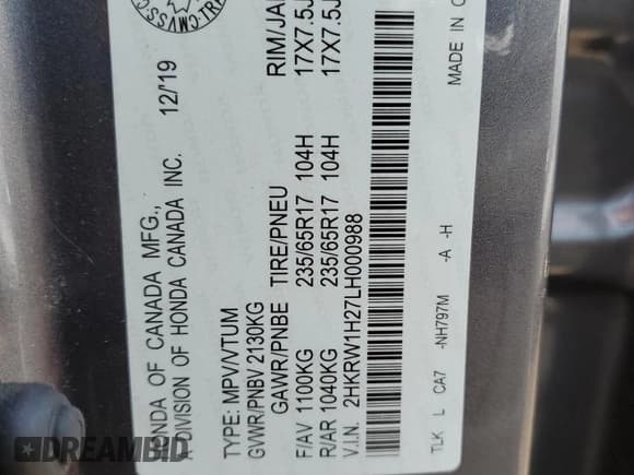 ✅ 2020 Honda CR-V LX • VIN: 2HKRW1H27LH000988 • Lot: 70261555. Listed on Copart with 137,148 mi. Free auction sales archive from the USA and detailed vehicle history report at DreamBid. Image 13.