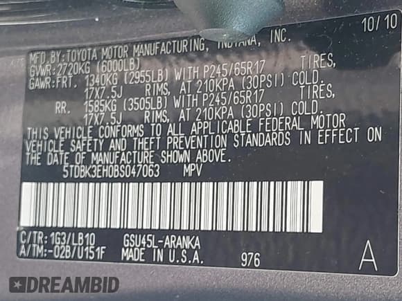 ✅ 2011 Toyota Highlander • VIN: 5TDBK3EH0BS047063 • Lot: 42633679. Listed on IAAI with 197,983 mi. Free auction sales archive from the USA and detailed vehicle history report at DreamBid. Image 9.