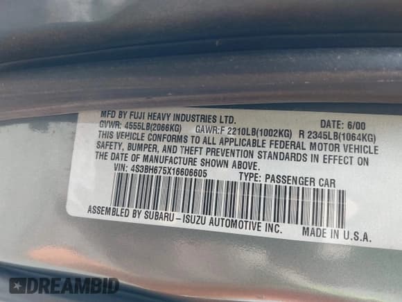 ✅ 2001 Subaru Legacy Outback • VIN: 4S3BH675X16606605 • Lot: 43710564. Listed on IAAI with 72,081 mi. Free auction sales archive from the USA and detailed vehicle history report at DreamBid. Image 9.