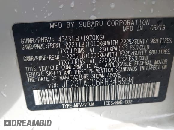 ✅ 2019 Subaru Crosstrek Premium • VIN: JF2GTACC6KH349994 • Lot: 43084398. Listed on IAAI with 56,155 mi. Free auction sales archive from the USA and detailed vehicle history report at DreamBid. Image 9.