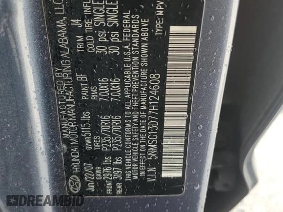 ✅ 2007 Hyundai Santa Fe GLS • VIN: 5NMSG13D77H124608 • Lot: 76696464. Listed on Copart with 204,386 mi. Free auction sales archive from the USA and detailed vehicle history report at DreamBid. Image 14.