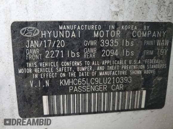 ✅ 2020 Hyundai Ioniq Blue • VIN: KMHC65LC9LU210393 • Lot: 93154155. Listed on Copart with 169,708 mi. Free auction sales archive from the USA and detailed vehicle history report at DreamBid. Image 14.