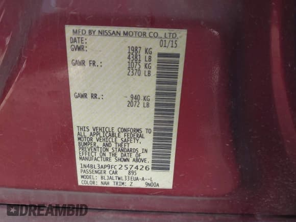 ✅ 2015 Nissan Altima SL • VIN: 1N4BL3AP9FC257426 • Lot: 43506664. Listed on IAAI with 86,959 mi. Free auction sales archive from the USA and detailed vehicle history report at DreamBid. Image 9.