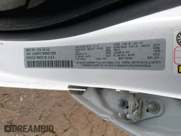 2021 Ram 1500 Tradesman z VIN 1C6SRFCT6MN817223, wystawiony jako IAAI lot #43365461 z przebiegiem 29 074 mil mil oraz . Historia ofert i sprzedaży dostępna na DreamBid. Obrazek 9.