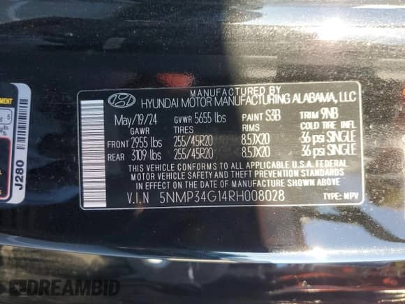 2024 Hyundai Santa Fe Limited z VIN 5NMP34G14RH008028, wystawiony jako Copart lot #46497045 z przebiegiem 3 855 mil mil oraz Szkoda całkowita • Salvage title. Historia ofert i sprzedaży dostępna na DreamBid. Obrazek 12.