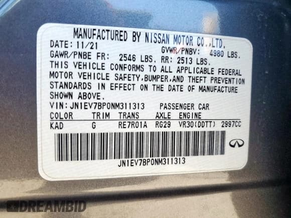 ✅ 2022 Infiniti Q50 Luxe • VIN: JN1EV7BP0NM311313 • Лот: 91812875. Опубликован ранее на Copart с пробегом 40 255 миль. Бесплатный доступ к архиву аукционных продаж из США и подробный отчёт об истории автомобиля на DreamBid. Изображение 12.