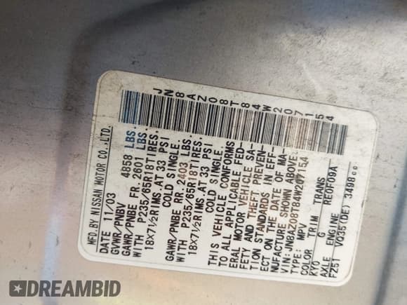 ✅ 2004 Nissan Murano SE • VIN: JN8AZ08T84W207154 • Lot: 43440081. Wystawiony na IAAI z przebiegiem 158 184 mil. Bezpłatny archiwum sprzedaży aukcyjnych z USA i szczegółowy raport historii pojazdu na DreamBid. Zdjęcie 9.