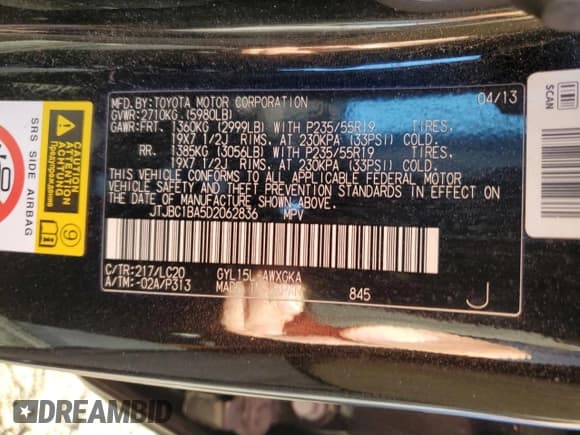 ✅ 2013 Lexus RX 450h • VIN: JTJBC1BA5D2062836 • Lot: 85206305. Listed on Copart with 148,450 mi. Free auction sales archive from the USA and detailed vehicle history report at DreamBid. Image 13.