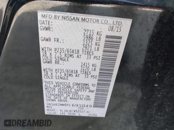 ✅ 2015 Nissan Pathfinder SV • VIN: 5N1AR2MM9FC695049 • Lot: 42063558. Listed on IAAI with 100,453 mi. Free auction sales archive from the USA and detailed vehicle history report at DreamBid. Image 9.