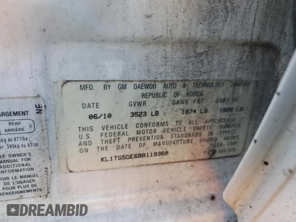 ✅ 2011 Chevrolet Aveo 2LT • VIN: KL1TG5DE6BB119360 • Lot: 80025585. Listed on Copart with 177,431 mi. Free auction sales archive from the USA and detailed vehicle history report at DreamBid. Image 12.