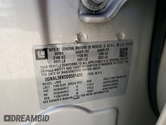 2013 Chevrolet Captiva Sport LT с VIN 3GNAL3EK5DS581430, выставлен на аукционе Copart как лот 77090534 с пробегом 128 703 миль миль и Списание • Salvage title. История ставок и продаж доступна на DreamBid. Изображение 13.