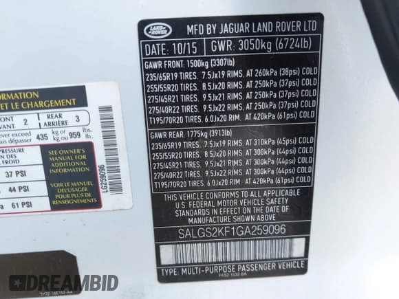 ✅ 2016 Land Rover Range Rover HSE • VIN: SALGS2KF1GA259096 • Lot: 43075323. Listed on IAAI with Not provided. Free auction sales archive from the USA and detailed vehicle history report at DreamBid. Image 9.