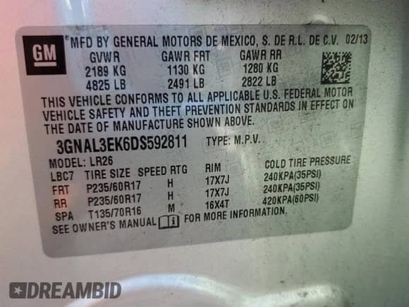 2013 Chevrolet Captiva Sport LT с VIN 3GNAL3EK6DS592811, выставлен на аукционе Copart как лот 75005524 с пробегом 123 679 миль миль и Списание • Salvage title. История ставок и продаж доступна на DreamBid. Изображение 13.