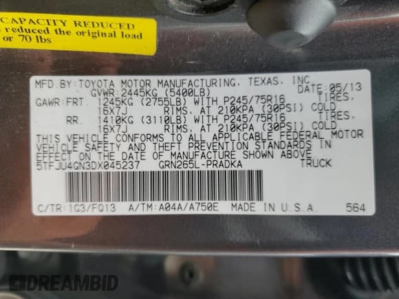 ✅ 2013 Toyota Tacoma PreRunner • VIN: 5TFJU4GN3DX045237 • Lot: 60085175. Listed on Copart with 136,981 mi. Free auction sales archive from the USA and detailed vehicle history report at DreamBid. Image 12.