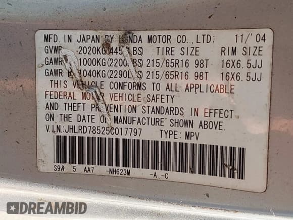 ✅ 2005 Honda CR-V LX • VIN: JHLRD78525C017797 • Lot: 43753803. Listed on IAAI with 238,882 mi. Free auction sales archive from the USA and detailed vehicle history report at DreamBid. Image 9.