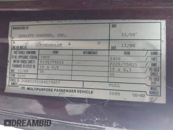 ✅ 1989 Chevrolet Chevy Van • VIN: 2GBEG25K0K4119457 • Лот: 42713337. Опубликован ранее на IAAI с пробегом 11 598 миль. Бесплатный доступ к архиву аукционных продаж из США и подробный отчёт об истории автомобиля на DreamBid. Изображение 9.