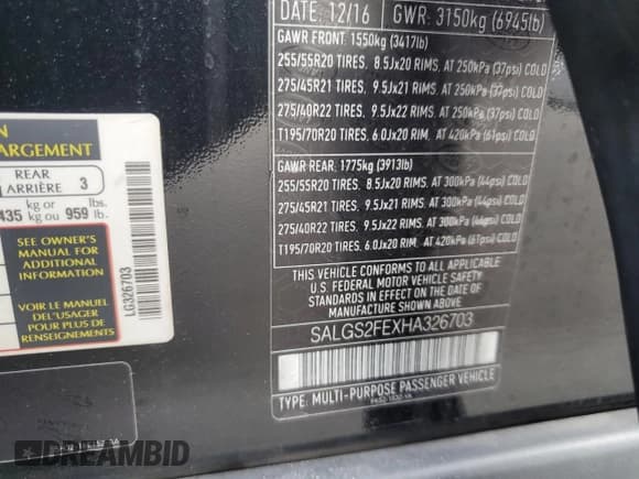 ✅ 2017 Land Rover Range Rover • VIN: SALGS2FEXHA326703 • Lot: 91730745. Listed on Copart with 133,011 mi. Free auction sales archive from the USA and detailed vehicle history report at DreamBid. Image 13.