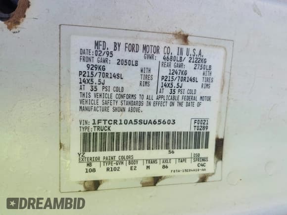 ✅ 1995 Ford Ranger Splash • VIN: 1FTCR10A5SUA65603 • Lot: 42461285. Wystawiony na IAAI z przebiegiem 193 895 mil. Bezpłatny archiwum sprzedaży aukcyjnych z USA i szczegółowy raport historii pojazdu na DreamBid. Zdjęcie 9.