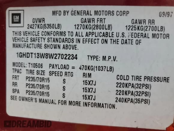 ✅ 1998 Oldsmobile Bravada • VIN: 1GHDT13W8W2702234 • Lot: 61893974. Listed on Copart with 164,761 mi. Free auction sales archive from the USA and detailed vehicle history report at DreamBid. Image 12.
