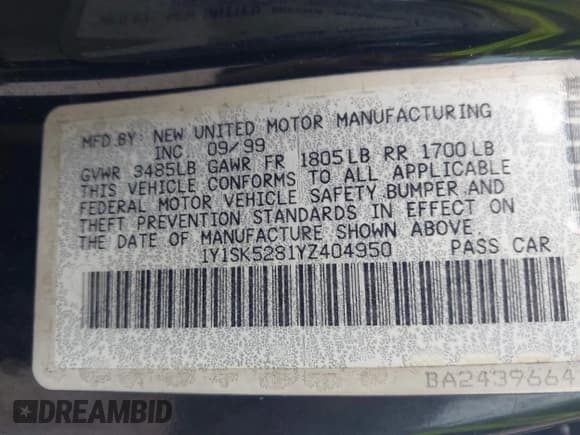 ✅ 2000 Chevrolet Prizm • VIN: 1Y1SK5281YZ404950 • Лот: 43132191. Опубликован ранее на IAAI с пробегом Не указан. Бесплатный доступ к архиву аукционных продаж из США и подробный отчёт об истории автомобиля на DreamBid. Изображение 9.