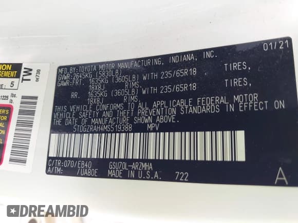 ✅ 2021 Toyota Highlander XLE • VIN: 5TDGZRAH4MS519388 • Lot: 43277158. Listed on IAAI with 86,621 mi. Free auction sales archive from the USA and detailed vehicle history report at DreamBid. Image 9.