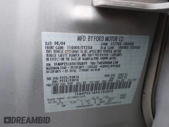 ✅ 2005 Ford Five Hundred Limited • VIN: 1FAHP25185G103859 • Лот: 43285092. Опубликован ранее на IAAI с пробегом 104 084 миль. Бесплатный доступ к архиву аукционных продаж из США и подробный отчёт об истории автомобиля на DreamBid. Изображение 9.