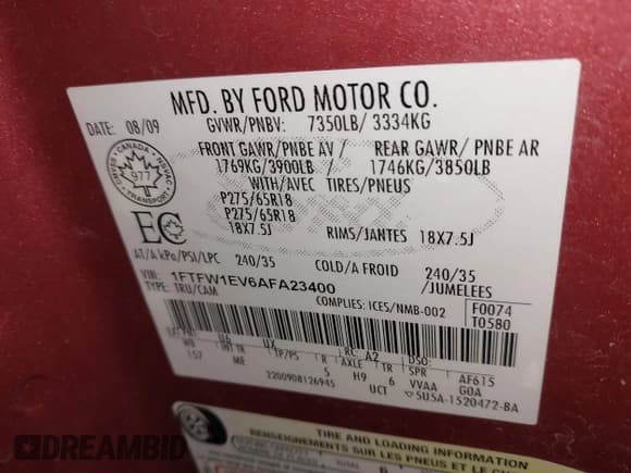 ✅ 2010 Ford F-150 XL • VIN: 1FTFW1EV6AFA23400 • Lot: 43505905. Listed on IAAI with 166,473 mi. Free auction sales archive from the USA and detailed vehicle history report at DreamBid. Image 9.