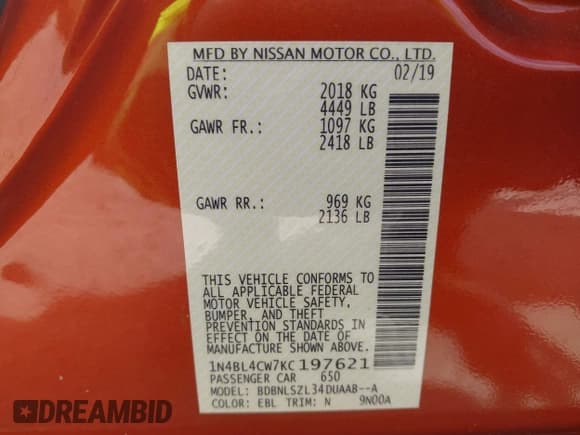 ✅ 2019 Nissan Altima SR • VIN: 1N4BL4CW7KC197621 • Lot: 43150387. Wystawiony na IAAI z przebiegiem 50 781 mil. Bezpłatny archiwum sprzedaży aukcyjnych z USA i szczegółowy raport historii pojazdu na DreamBid. Zdjęcie 9.