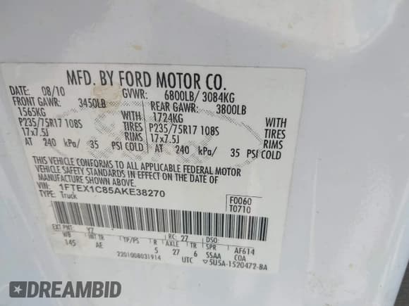 ✅ 2010 Ford F-150 XL • VIN: 1FTEX1C85AKE38270 • Lot: 43590523. Wystawiony na IAAI z przebiegiem 250 535 mil. Bezpłatny archiwum sprzedaży aukcyjnych z USA i szczegółowy raport historii pojazdu na DreamBid. Zdjęcie 9.