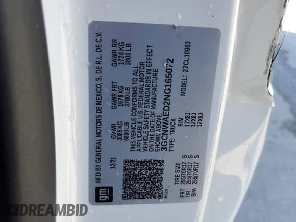 2022 Chevrolet Silverado 1500 Work Truck z VIN 3GCNWAED2NG165072, wystawiony jako Copart lot #49977855 z przebiegiem 29 435 mil mil oraz Szkoda całkowita • Salvage title. Historia ofert i sprzedaży dostępna na DreamBid. Obrazek 12.