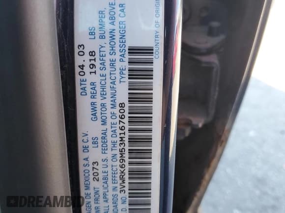 ✅ 2003 Volkswagen Jetta GL • VIN: 3VWRK69M53M167608 • Lot: 81476155. Listed on Copart with 124,514 mi. Free auction sales archive from the USA and detailed vehicle history report at DreamBid. Image 12.