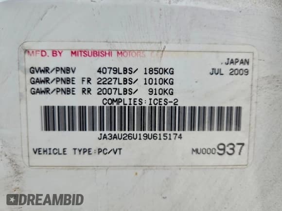 ✅ 2009 Mitsubishi Lancer ES • VIN: JA3AU26U19U615174 • Lot: 94647165. Listed on Copart with 319,916 mi. Free auction sales archive from the USA and detailed vehicle history report at DreamBid. Image 12.