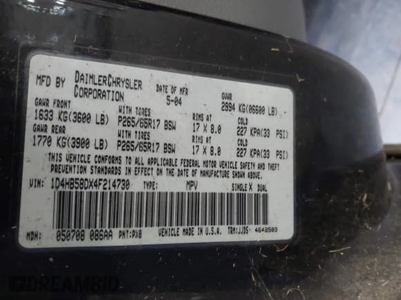 ✅ 2004 Dodge Durango Limited • VIN: 1D4HB58DX4F214730 • Лот: 43560328. Опубликован ранее на IAAI с пробегом 274 961 миль. Бесплатный доступ к архиву аукционных продаж из США и подробный отчёт об истории автомобиля на DreamBid. Изображение 9.