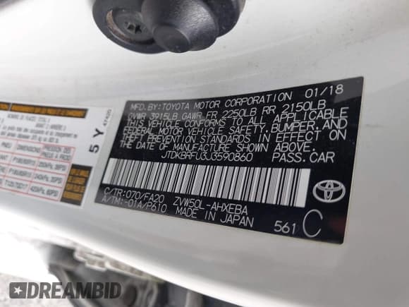 ✅ 2018 Toyota Prius Two • VIN: JTDKBRFU3J3590860 • Lot: 43486808. Listed on IAAI with 92,820 mi. Free auction sales archive from the USA and detailed vehicle history report at DreamBid. Image 9.