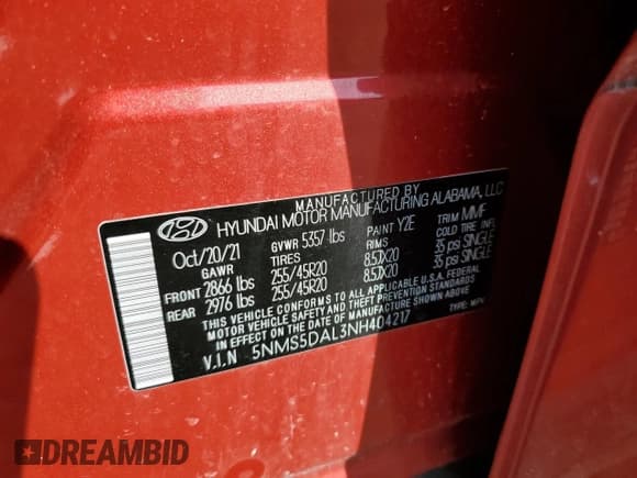 ✅ 2022 Hyundai Santa Fe Calligraphy • VIN: 5NMS5DAL3NH404217 • Lot: 81130115. Listed on Copart with 39,434 mi. Free auction sales archive from the USA and detailed vehicle history report at DreamBid. Image 12.