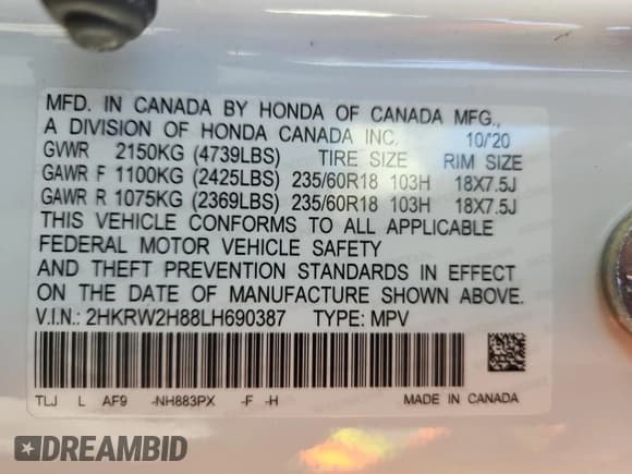 ✅ 2020 Honda CR-V EX-L • VIN: 2HKRW2H88LH690387 • Lot: 92729025. Wystawiony na Copart z przebiegiem 44 203 mil. Bezpłatny archiwum sprzedaży aukcyjnych z USA i szczegółowy raport historii pojazdu na DreamBid. Zdjęcie 13.