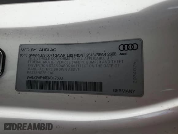 ✅ 2013 Audi A5 Premium • VIN: WAUCFAFH6DN017633 • Lot: 82250635. Listed on Copart with 75,327 mi. Free auction sales archive from the USA and detailed vehicle history report at DreamBid. Image 12.