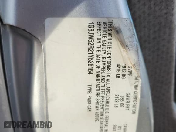 ✅ 2001 Saturn LS • VIN: 1G8JW52R21Y526154 • Lot: 92216055. Listed on Copart with 172,781 mi. Free auction sales archive from the USA and detailed vehicle history report at DreamBid. Image 12.