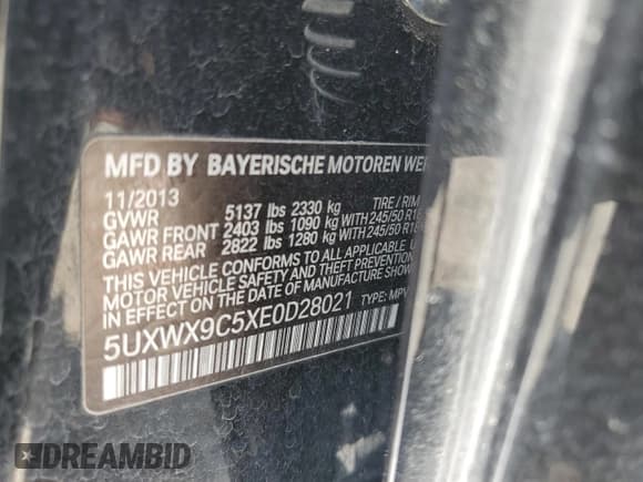 ✅ 2014 BMW X3 xDrive28i • VIN: 5UXWX9C5XE0D28021 • Lot: 51554745. Listed on Copart with 102,599 mi. Free auction sales archive from the USA and detailed vehicle history report at DreamBid. Image 14.