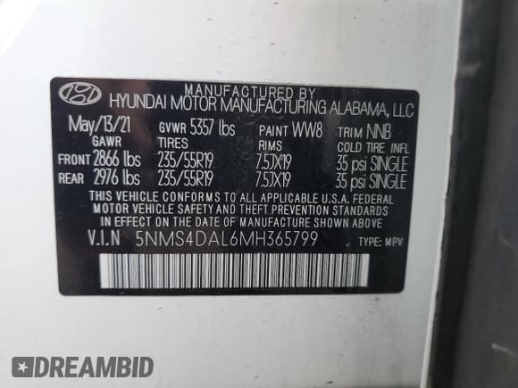 ✅ 2021 Hyundai Santa Fe Limited • VIN: 5NMS4DAL6MH365799 • Lot: 52704634. Wystawiony na Copart z przebiegiem 32 761 mil. Bezpłatny archiwum sprzedaży aukcyjnych z USA i szczegółowy raport historii pojazdu na DreamBid. Zdjęcie 12.