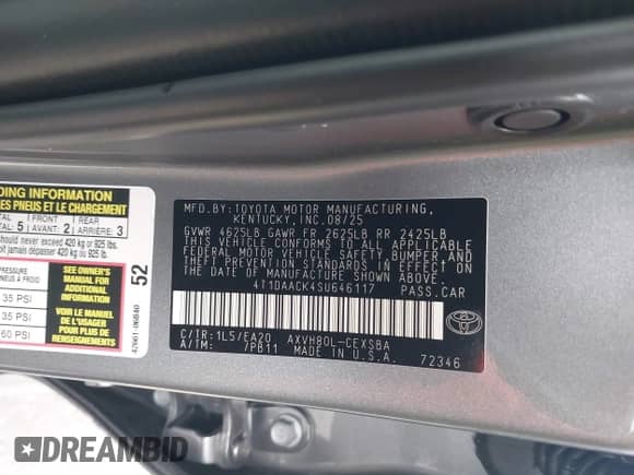 2025 Toyota Camry LE с VIN 4T1DAACK4SU646117, выставлен на аукционе IAAI как лот 43436064 с пробегом 2 741 миль миль и . История ставок и продаж доступна на DreamBid. Изображение 9.