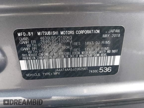 ✅ 2018 Mitsubishi Eclipse Cross LE • VIN: JA4AT4AA5JZ062561 • Лот: 41572618. Опубликован ранее на IAAI с пробегом 95 716 миль. Бесплатный доступ к архиву аукционных продаж из США и подробный отчёт об истории автомобиля на DreamBid. Изображение 9.