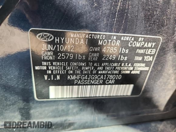 ✅ 2012 Hyundai Azera • VIN: KMHFG4JG9CA178010 • Лот: 69284865. Опубликован ранее на Copart с пробегом 101 287 миль. Бесплатный доступ к архиву аукционных продаж из США и подробный отчёт об истории автомобиля на DreamBid. Изображение 13.