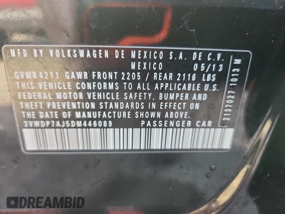 ✅ 2013 Volkswagen Jetta SE • VIN: 3VWDP7AJ5DM446089 • Lot: 72058435. Listed on Copart with 119,095 mi. Free auction sales archive from the USA and detailed vehicle history report at DreamBid. Image 12.