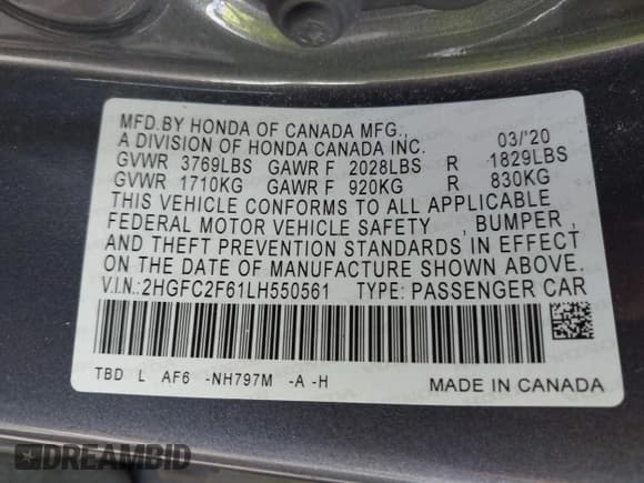 ✅ 2020 Honda Civic LX • VIN: 2HGFC2F61LH550561 • Лот: 43514412. Опубликован ранее на IAAI с пробегом 42 907 миль. Бесплатный доступ к архиву аукционных продаж из США и подробный отчёт об истории автомобиля на DreamBid. Изображение 9.