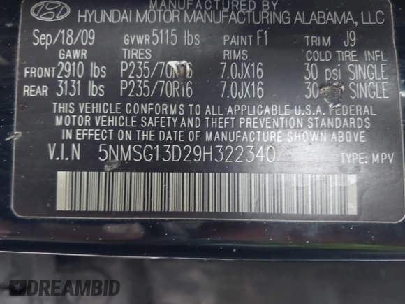 ✅ 2009 Hyundai Santa Fe GLS • VIN: 5NMSG13D29H322340 • Lot: 43335825. Listed on IAAI with 306,617 mi. Free auction sales archive from the USA and detailed vehicle history report at DreamBid. Image 9.