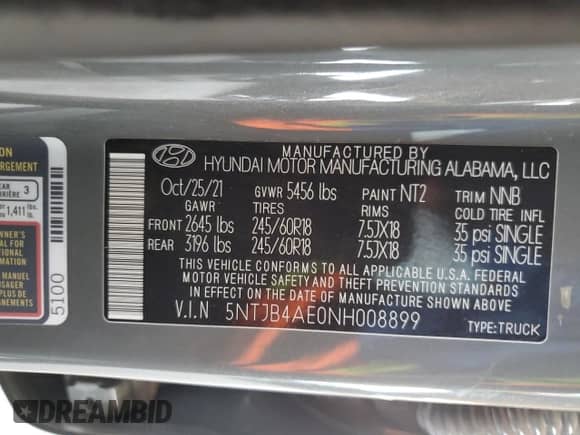 2022 Hyundai Santa Cruz SEL с VIN 5NTJB4AE0NH008899, выставлен на аукционе Copart как лот 72716604 с пробегом 36 113 миль миль и Списание • Salvage title. История ставок и продаж доступна на DreamBid. Изображение 14.